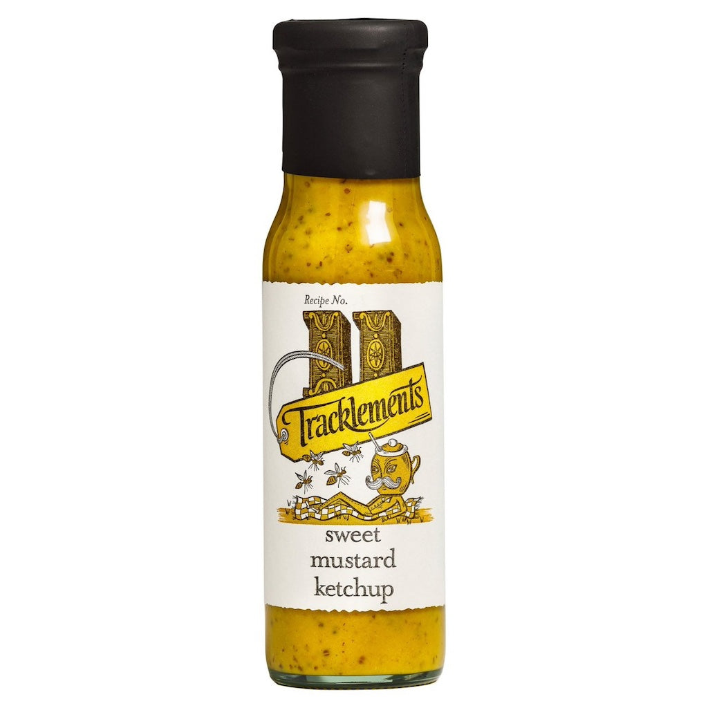 A bottle of Tracklements Sweet Mustard Ketchup