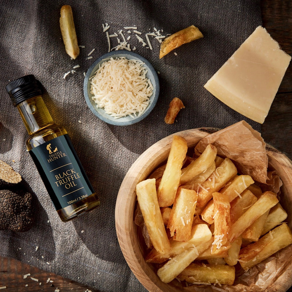 Parmesan & truffle chips drizzled with Truffle hunter Black Truffle Oil
