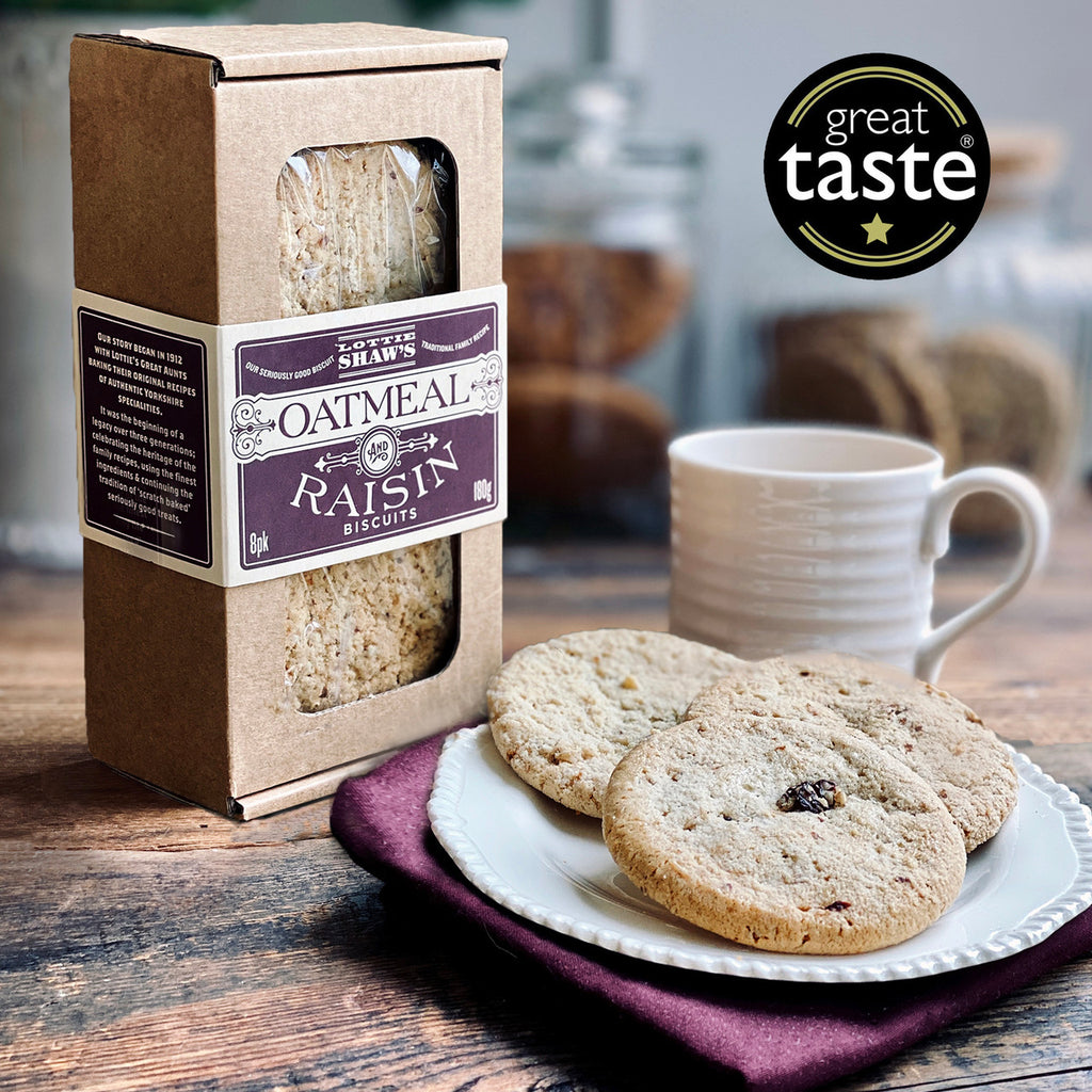 Lottie Shaw's Oatmeal & Raisin Biscuits served on plate alongside a mug of tea