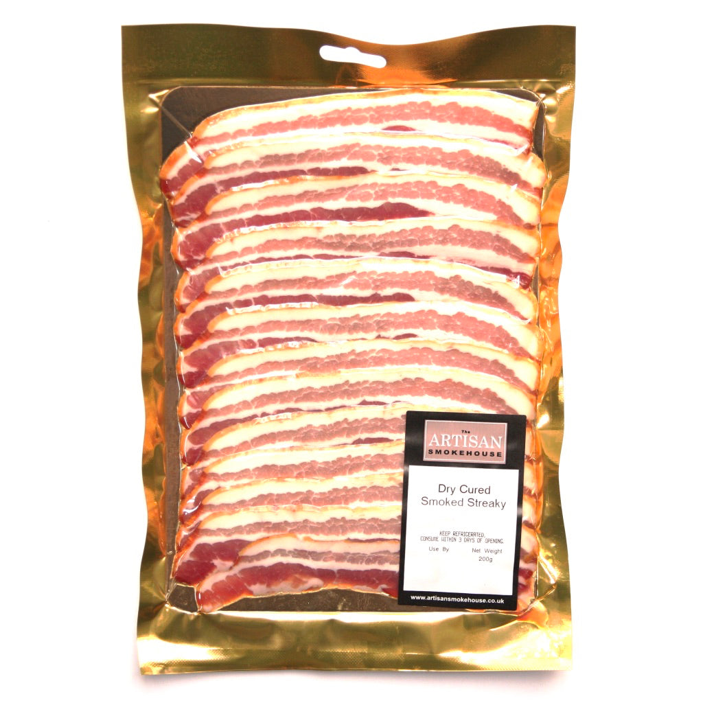 A packet of of Artisan Smokehouse smoked streaky bacon