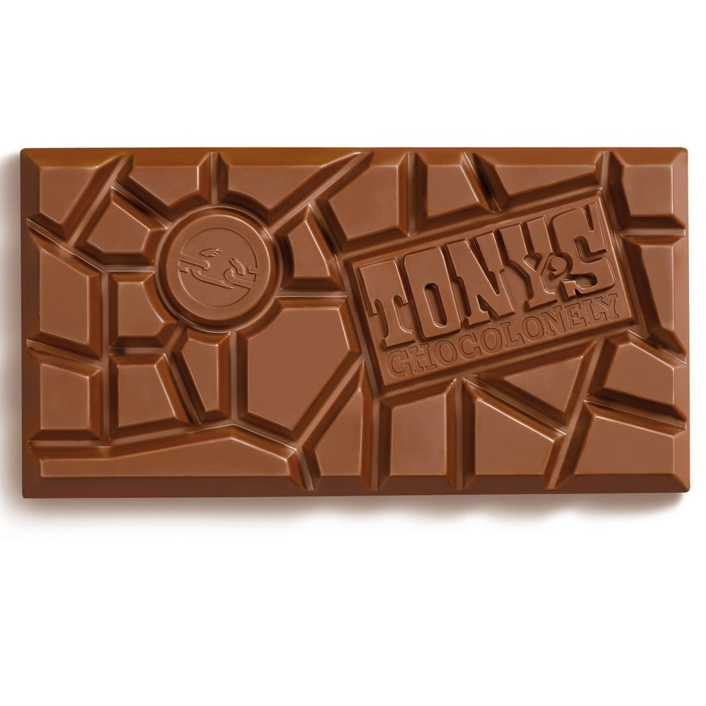 A bar of Tony's Chocolonely caramel sea salt milk chocolate
