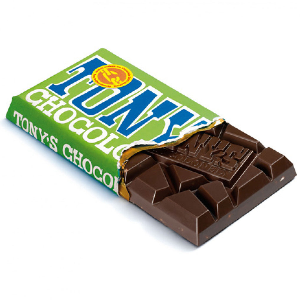 A bar of Tony's Chocolonely Fairtrade almond & sea salt dark chocolate
