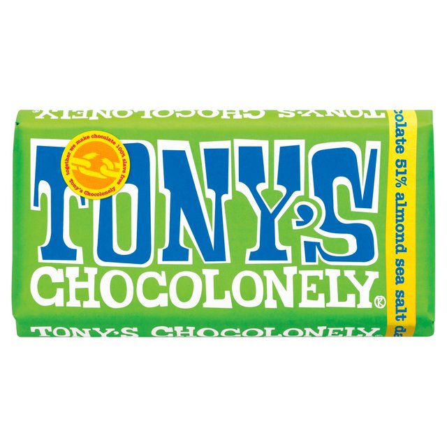 A bar of Tony's Chocolonely Fairtrade almond & sea salt dark chocolate