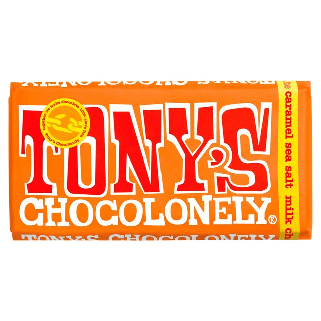 A bar of Tony's Chocolonely caramel sea salt milk chocolate