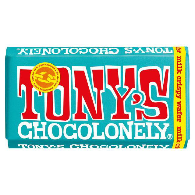 A bar of Tony's Chocolonely Fairtrade milk crispy wafer chocolate