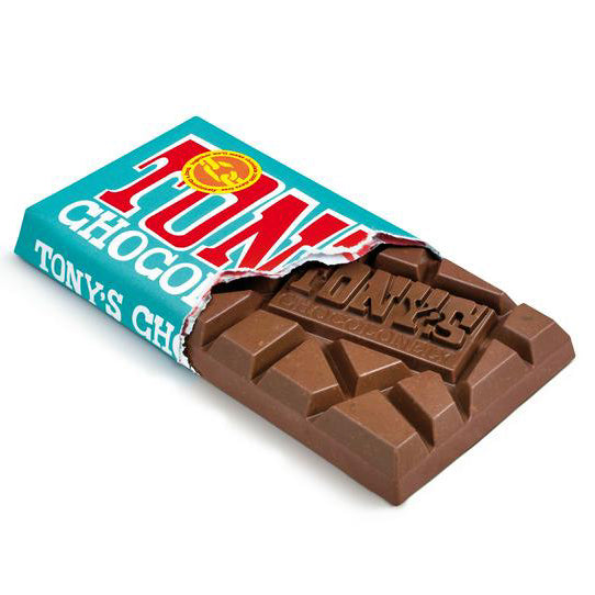 A bar of Tony's Chocolonely Fairtrade milk crispy wafer chocolate