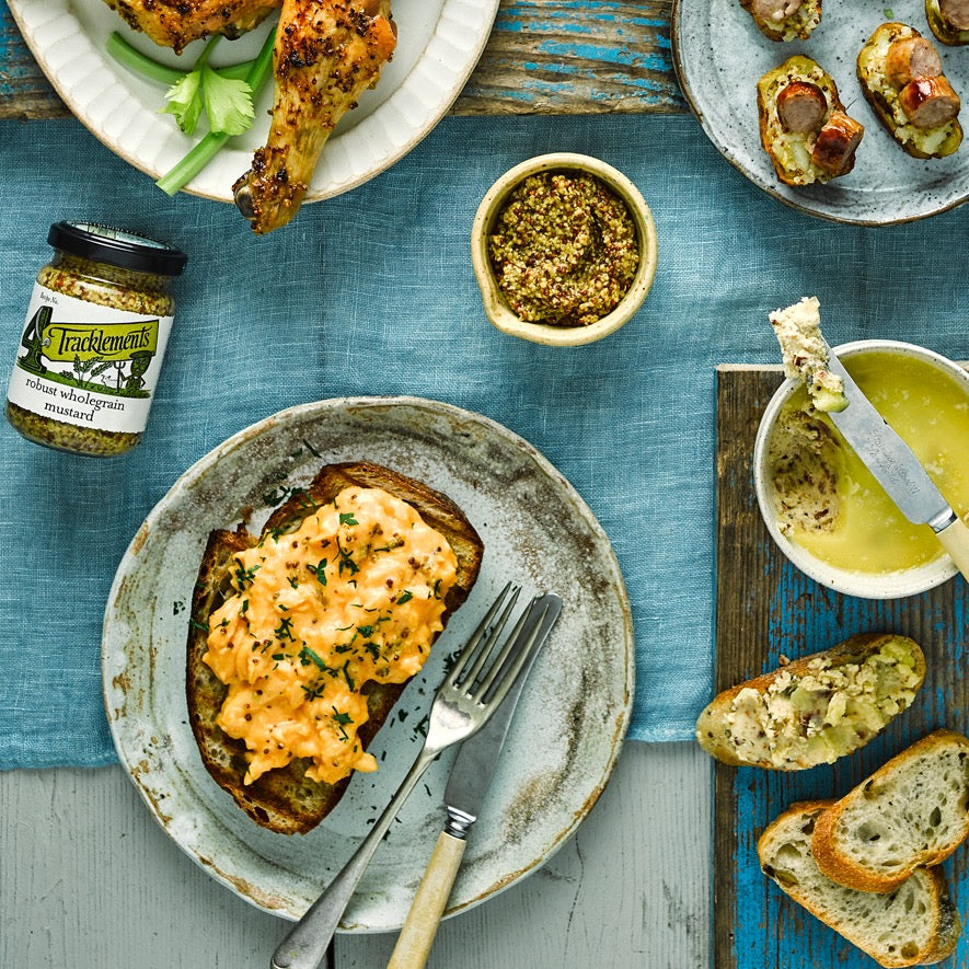 Image of Tracklements Robust Wholegrain Mustard, serving suggestion - The Artisan Smokehouse